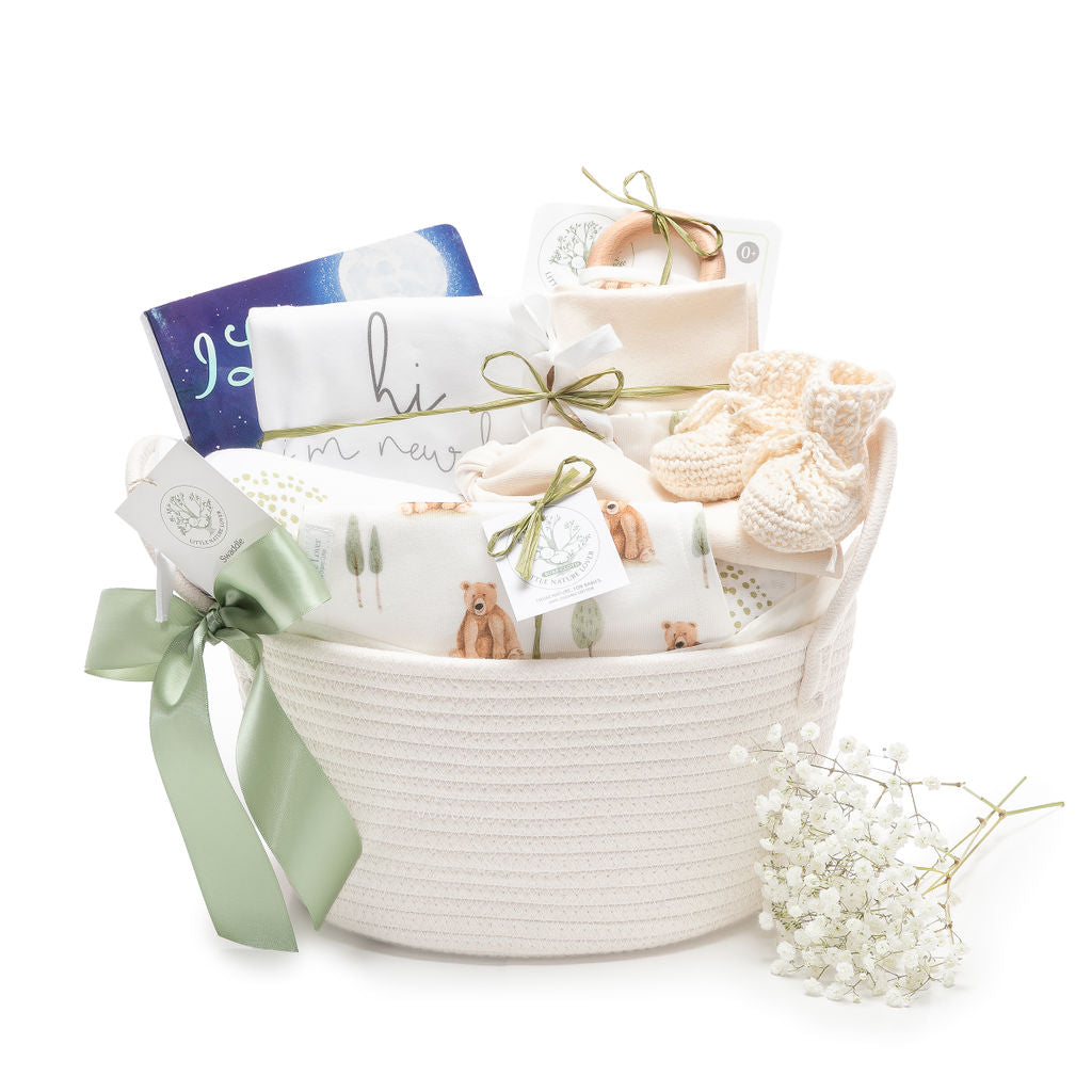 Woodland Bear | Organic Baby Gift Basket 9pcs | Gender Neutral – Little ...