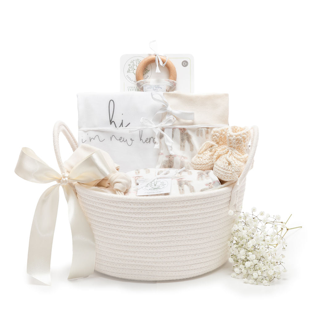 Baby Lambs organic baby shower gift basket with bodysuits, swaddle and booties
