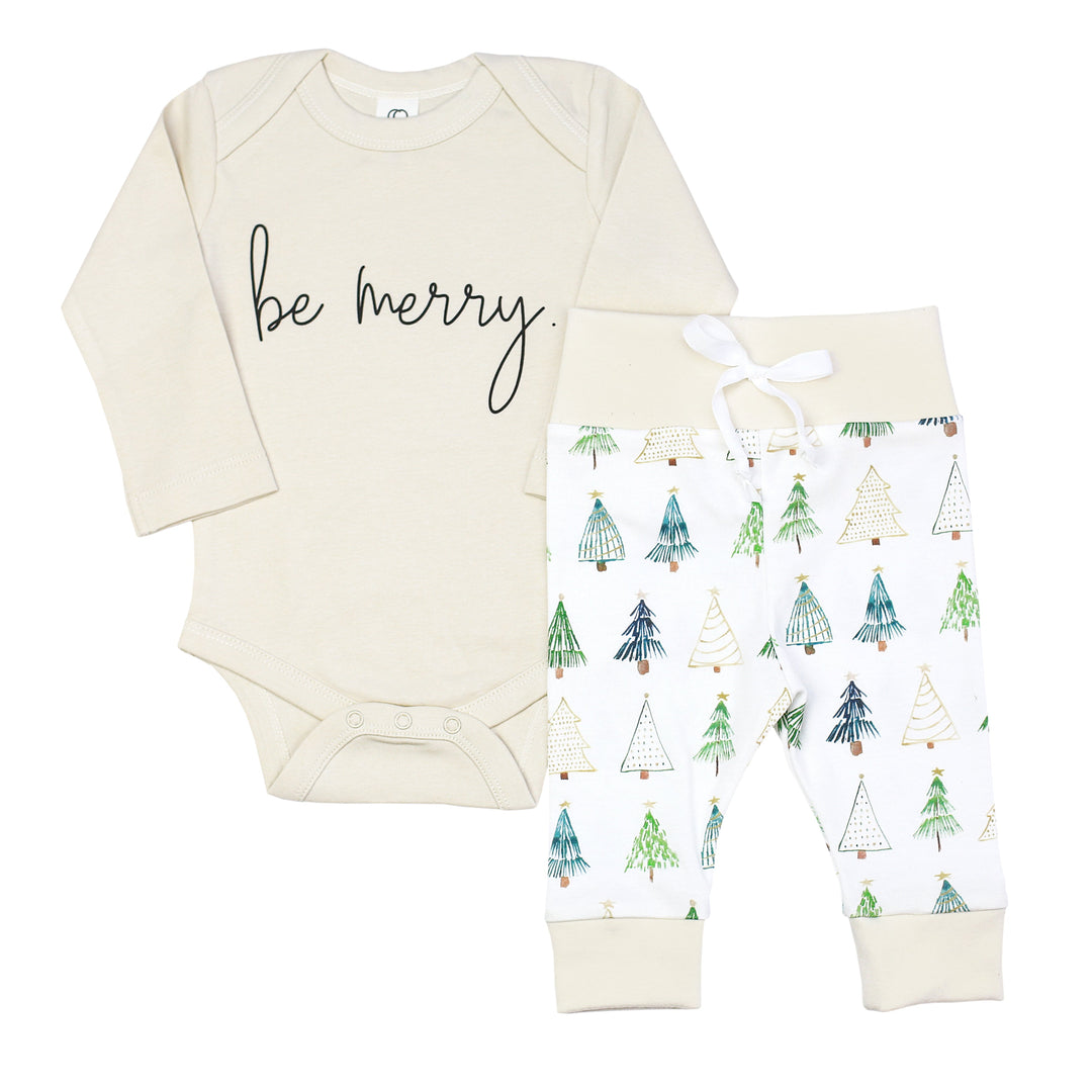 Baby's first Christmas organic Be Merry bodysuit and tree-print leggings