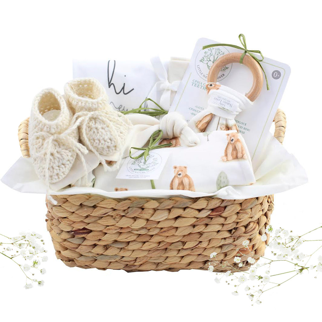 Our Green House Organic Newborn Gift Basket for Both Mom & Baby - Giraffe Rattle - Mommy and Child - First Time - Gender Neutral, Unisex, Sustainable, Fair Trade 
