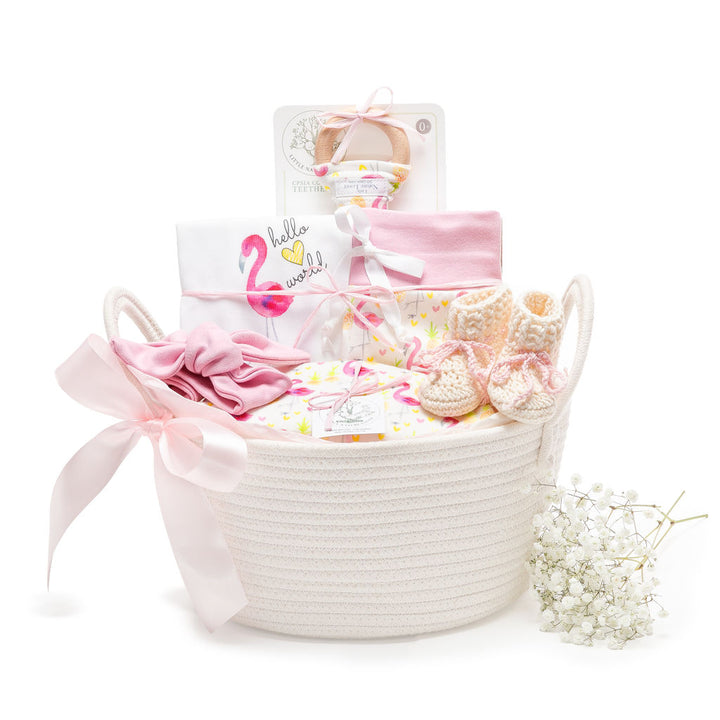 Flamingo | Organic Baby Gift Basket 7pcs | Baby Girl