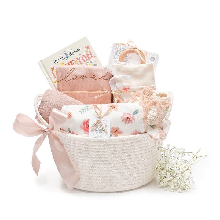 Mauve Floral | Organic Baby Gift Basket 9pcs | Baby Girl