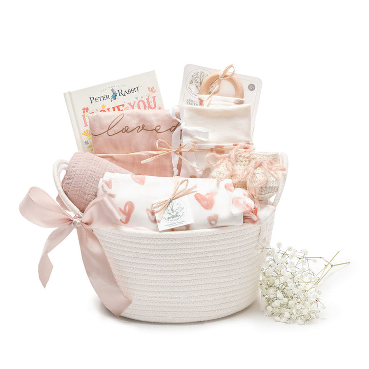 Watercolor Hearts | Organic Baby Gift Basket 9pcs | Baby Girl