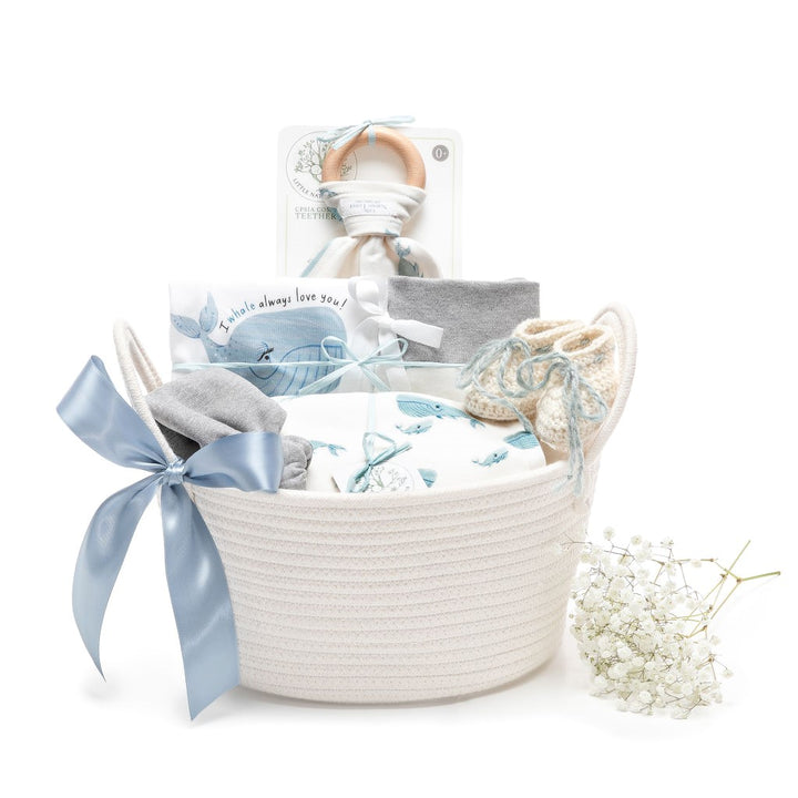 Whales "I will always love you!" | Organic Baby Gift Basket 7pcs | Baby Boy