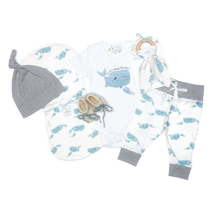 Whales "I will always love you!" | Organic Baby Gift Basket 7pcs | Baby Boy