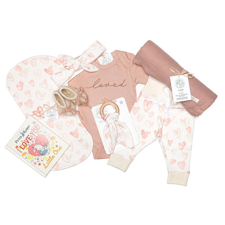 Watercolor Hearts | Organic Baby Gift Basket 9pcs | Baby Girl