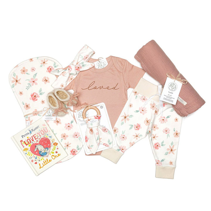 Mauve Floral | Organic Baby Gift Basket 9pcs | Baby Girl