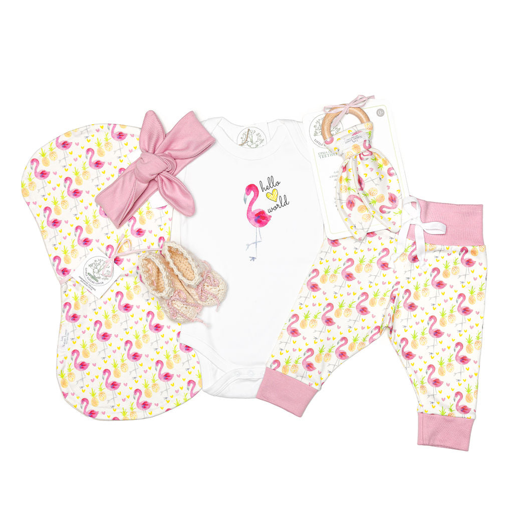 Flamingo | Organic Baby Gift Basket 7pcs | Baby Girl