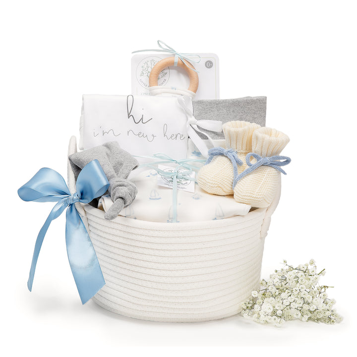 Sailboats "hi i'm new here" | Organic Baby Gift Basket 7pcs | Baby Boy
