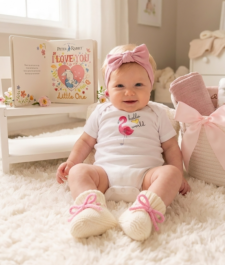 Flamingo | Organic Baby Gift Basket 7pcs | Baby Girl