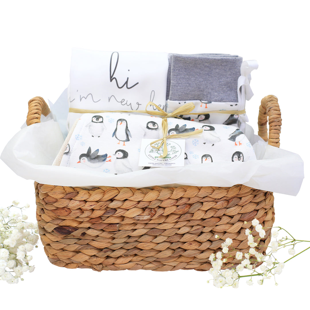 Playful Penguins | Organic Baby Gift Basket | Gender Neutral
