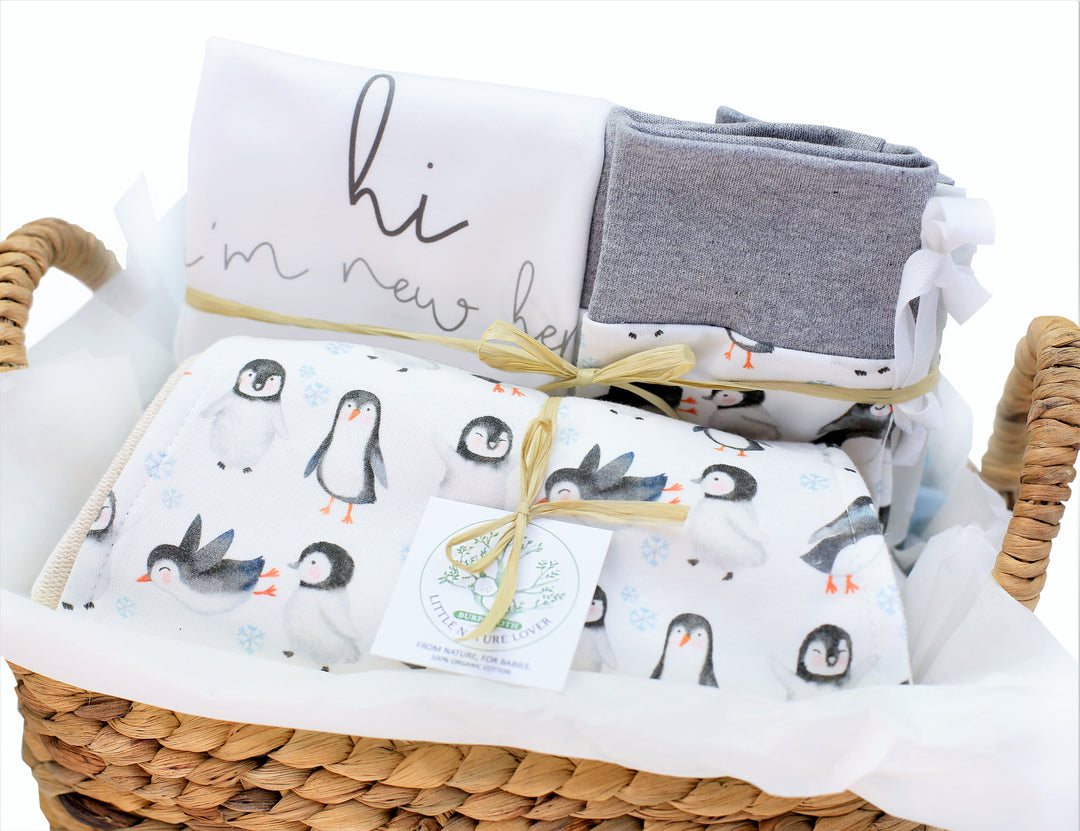 Playful Penguins | Organic Baby Gift Basket | Gender Neutral