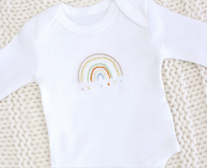 Embroidered Rose Rainbow | Organic White Bodysuit